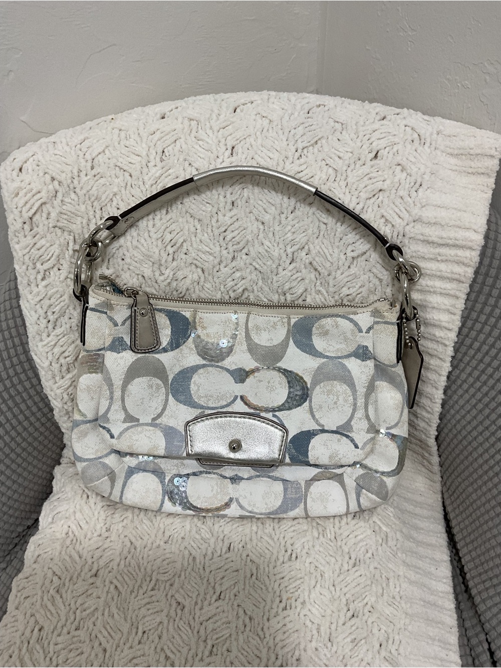 Coach White and Silver Signature Sequin Shoulder Bag